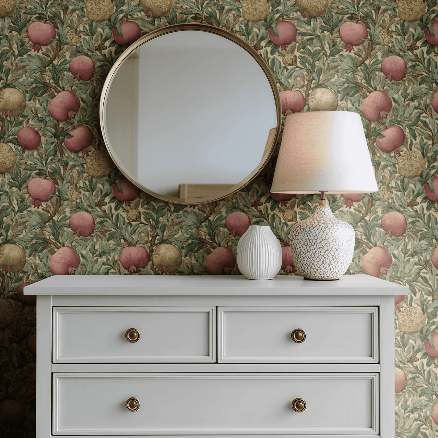 Cream Botanical Wallpaper shown in a second room with the cream pomegranates reading as warmly fresh fruit decoration