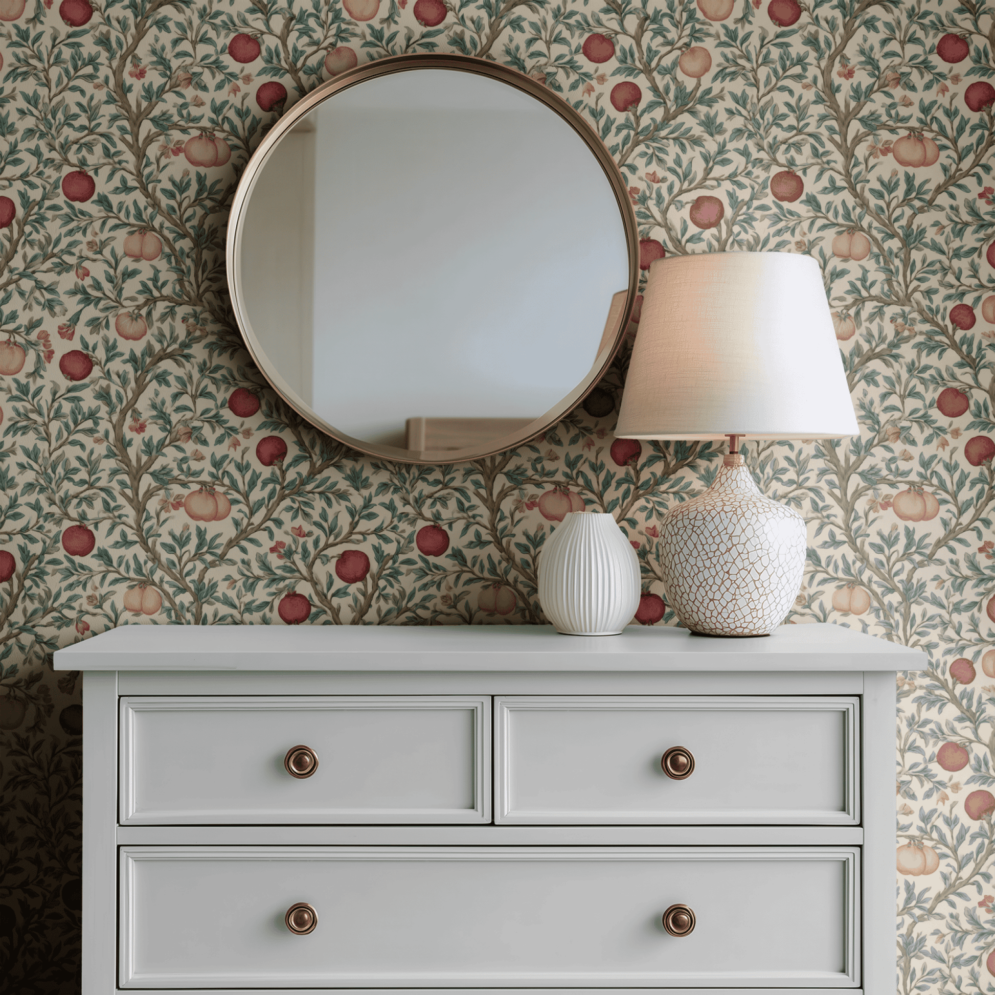 Cream Botanical Wallpaper shown in a second interior with the russet clover reading as warmly natural fruit decoration