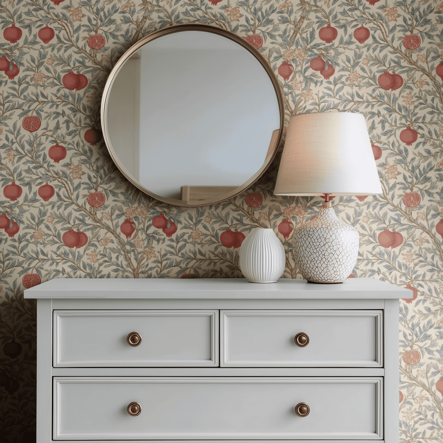 Cream Botanical Wallpaper shown in a second interior with the scarlet grove reading as warmly natural fruit decoration