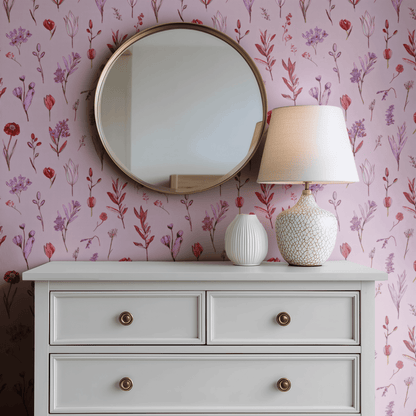 Pink Floral Wallpaper shown in a second interior with the grove watercolor florals reading as soft painterly cottage decoration