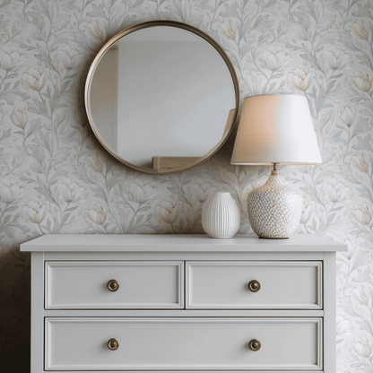 Cream Floral Wallpaper shown in a second interior with the platinum tulip reading as softly elegant traditional decoration