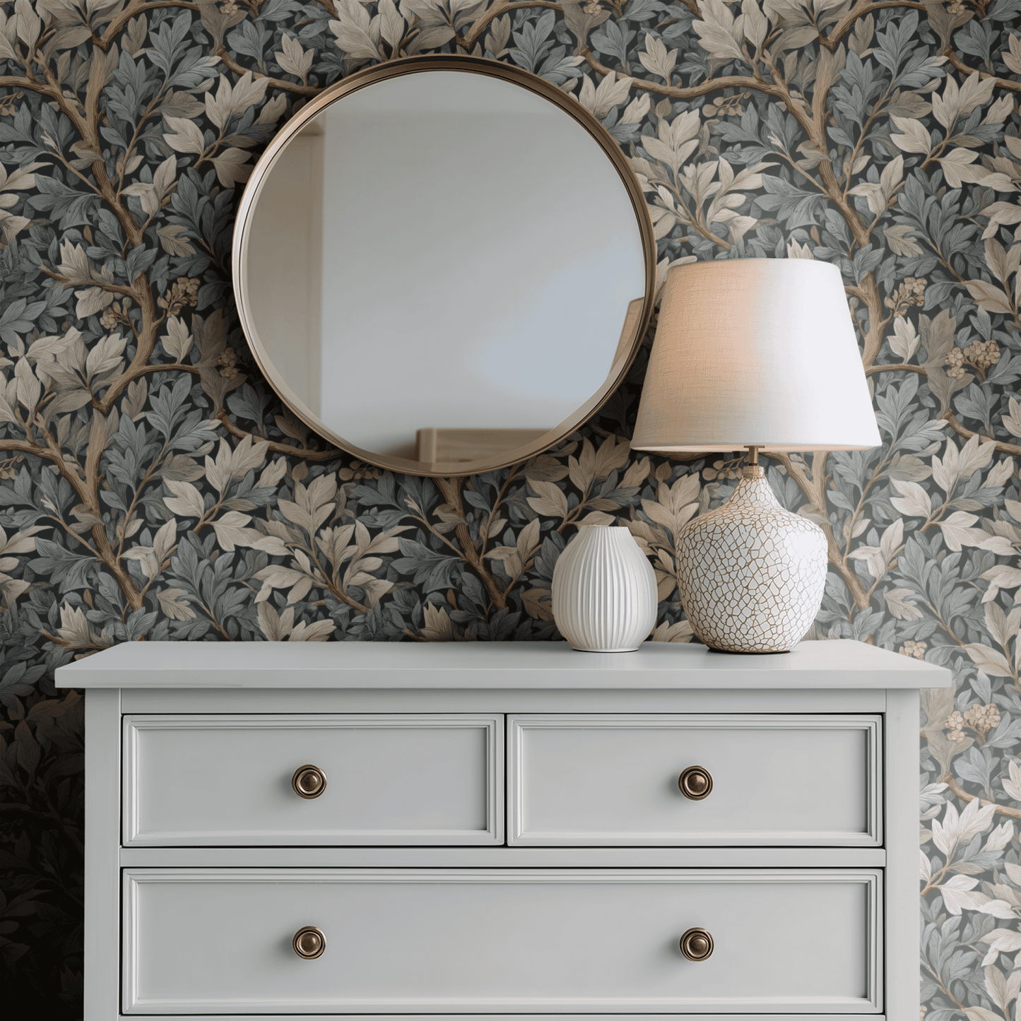 Green Botanical Wallpaper installed on a room wall with Arts and Crafts dark botanical verdure foliage in deep moody green