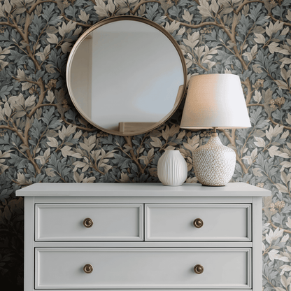 Green Botanical Wallpaper installed on a room wall with Arts and Crafts dark botanical verdure foliage in deep moody green