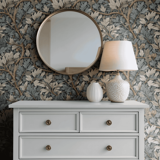 Green Botanical Wallpaper installed on a room wall with Arts and Crafts dark botanical verdure foliage in deep moody green