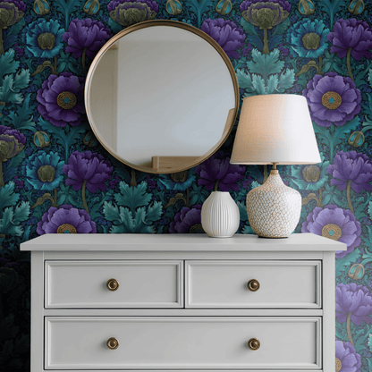 Green Floral Wallpaper shown in a second room with the iridescent green peonies reading as warmly luxurious traditional decoration