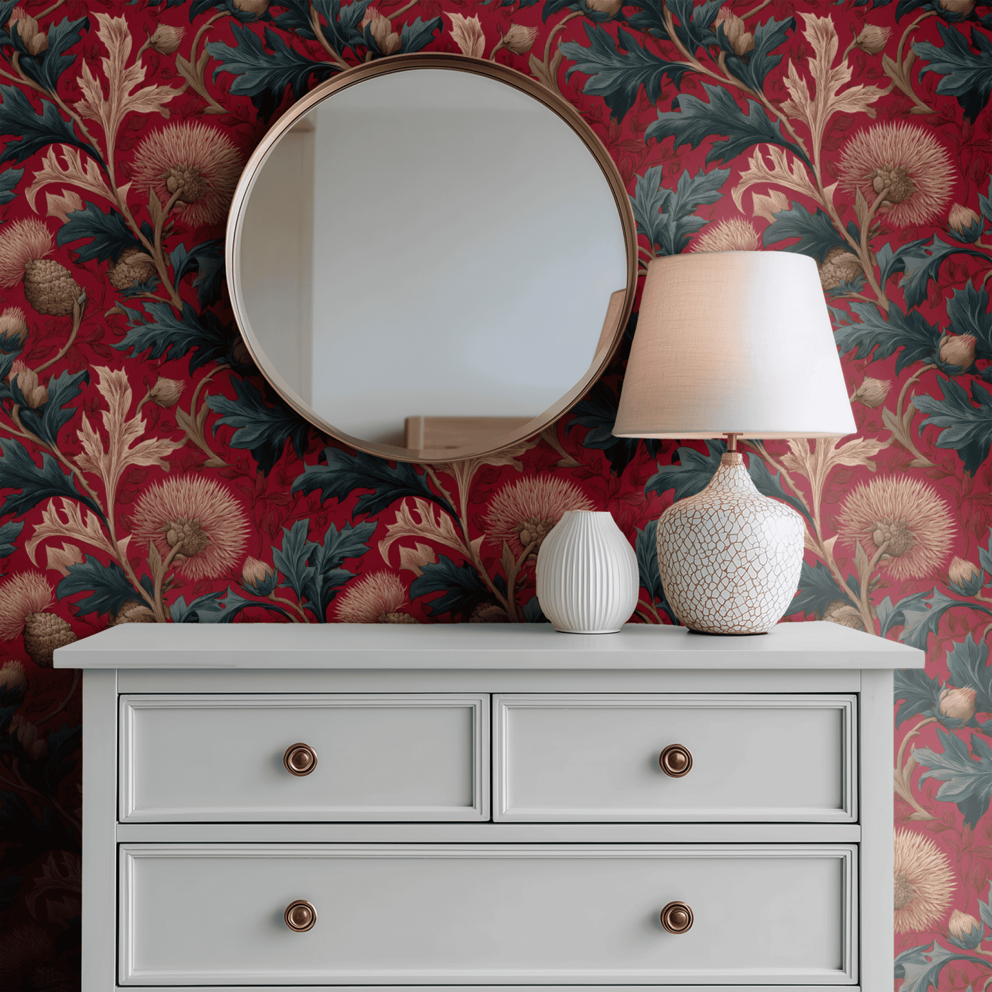 Red Botanical Wallpaper shown in a second room with the dark red acanthus reading as theatrical evening dining-room decoration