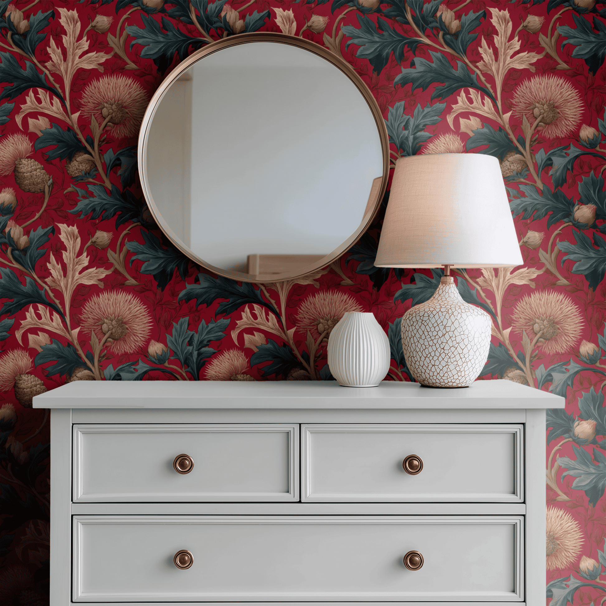 Red Botanical Wallpaper shown in a second room with the dark red acanthus reading as theatrical evening dining-room decoration