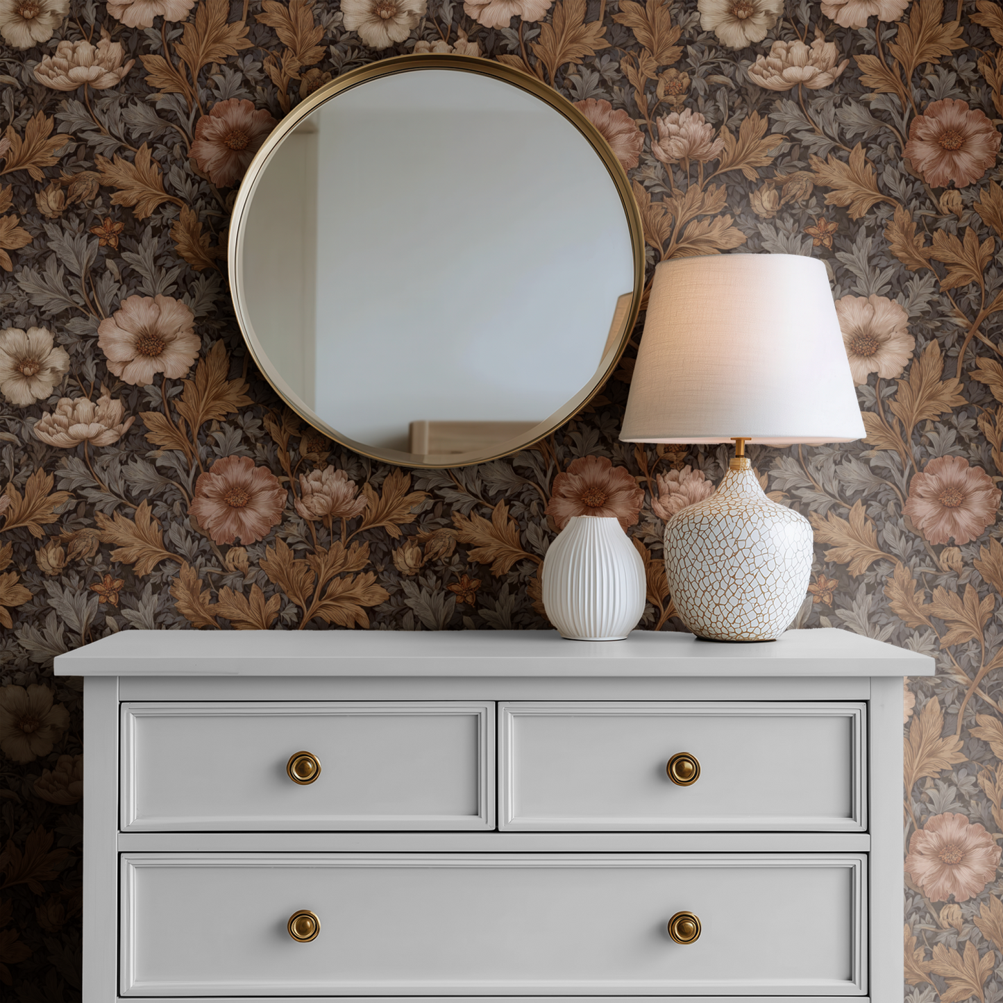 Brown Floral Wallpaper shown in a second interior with the warm bronze aster reading as traditional country-house Victorian decoration
