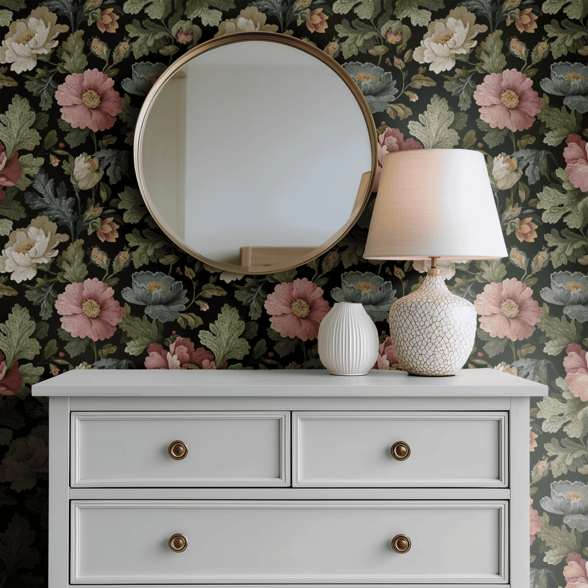 Black Floral Wallpaper shown in a second interior with the majolica blooms reading as theatrical Italianate dining-room decoration