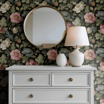 Black Floral Wallpaper shown in a second interior with the majolica blooms reading as theatrical Italianate dining-room decoration