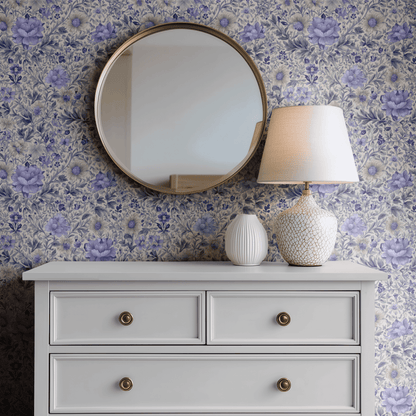 Cream Floral Wallpaper shown in a second interior with the indigo snakeshead reading as Morris-period traditional botanical decoration