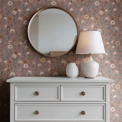 Pink Floral Wallpaper installed on a room wall with cottagecore florals in soft terra cotta pink