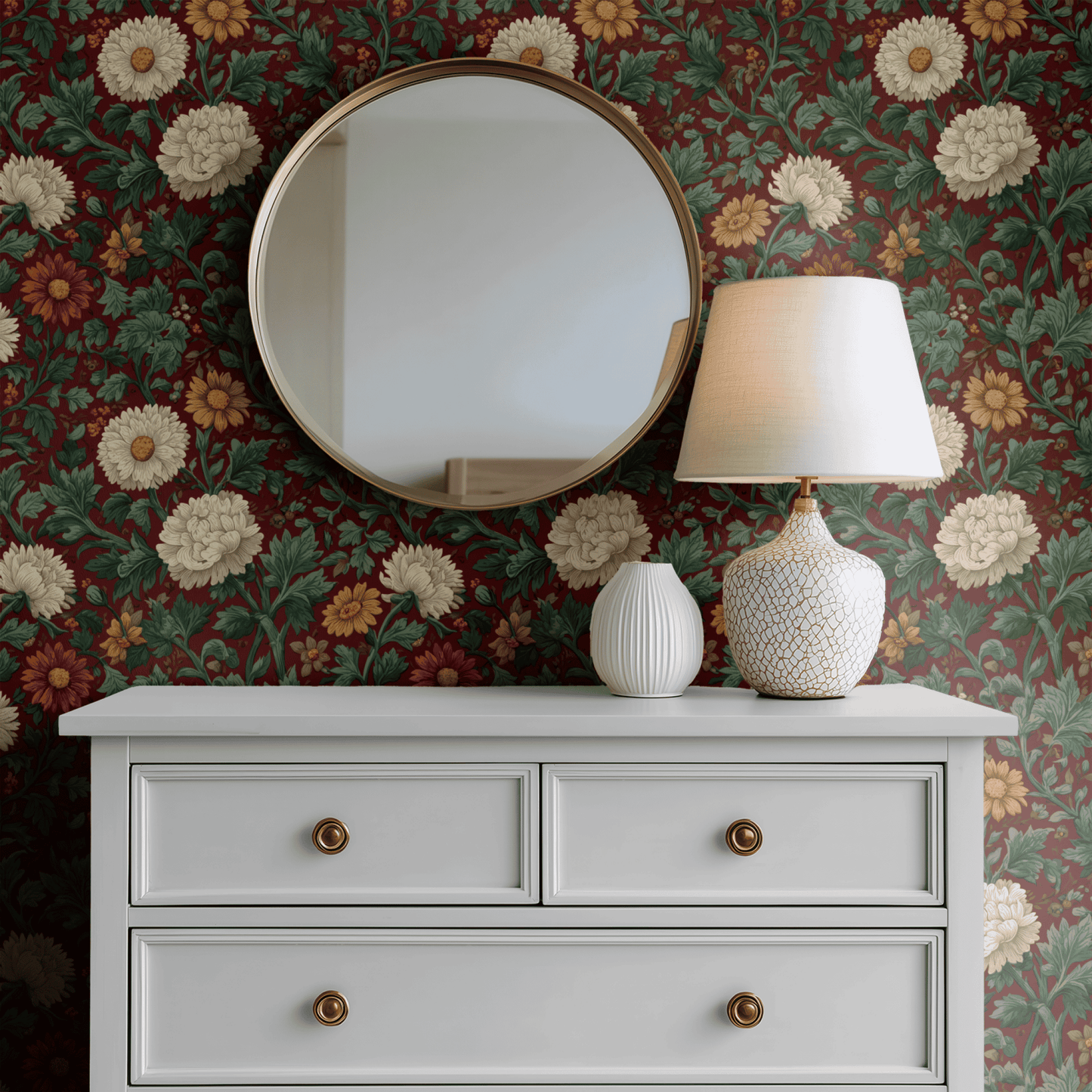 Red Floral Wallpaper shown in a second room with the moody red primroses reading as warmly atmospheric Victorian decoration