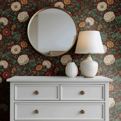 Red Floral Wallpaper shown in a second room with the moody red primroses reading as warmly atmospheric Victorian decoration