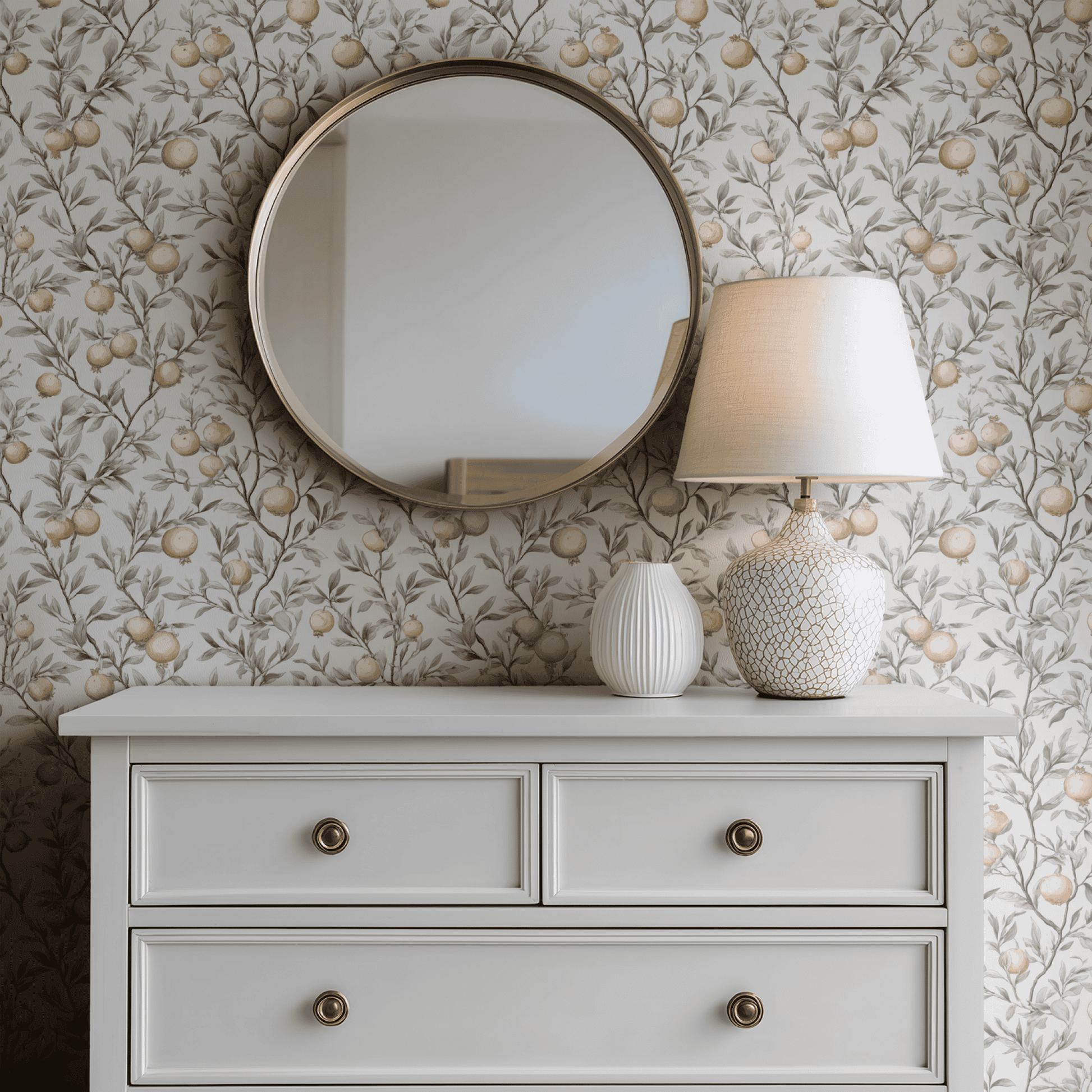 Cream Botanical Wallpaper shown in a second room with the glimmering citrus reading as warm kitchen-appropriate botanical decoration