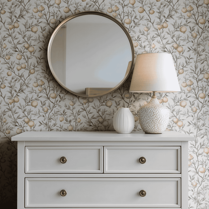 Cream Botanical Wallpaper shown in a second room with the glimmering citrus reading as warm kitchen-appropriate botanical decoration