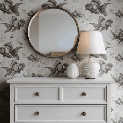 Neutral Animal Print Wallpaper shown in a second interior with the etched goldfish reading as natural-history-book-style serious decoration