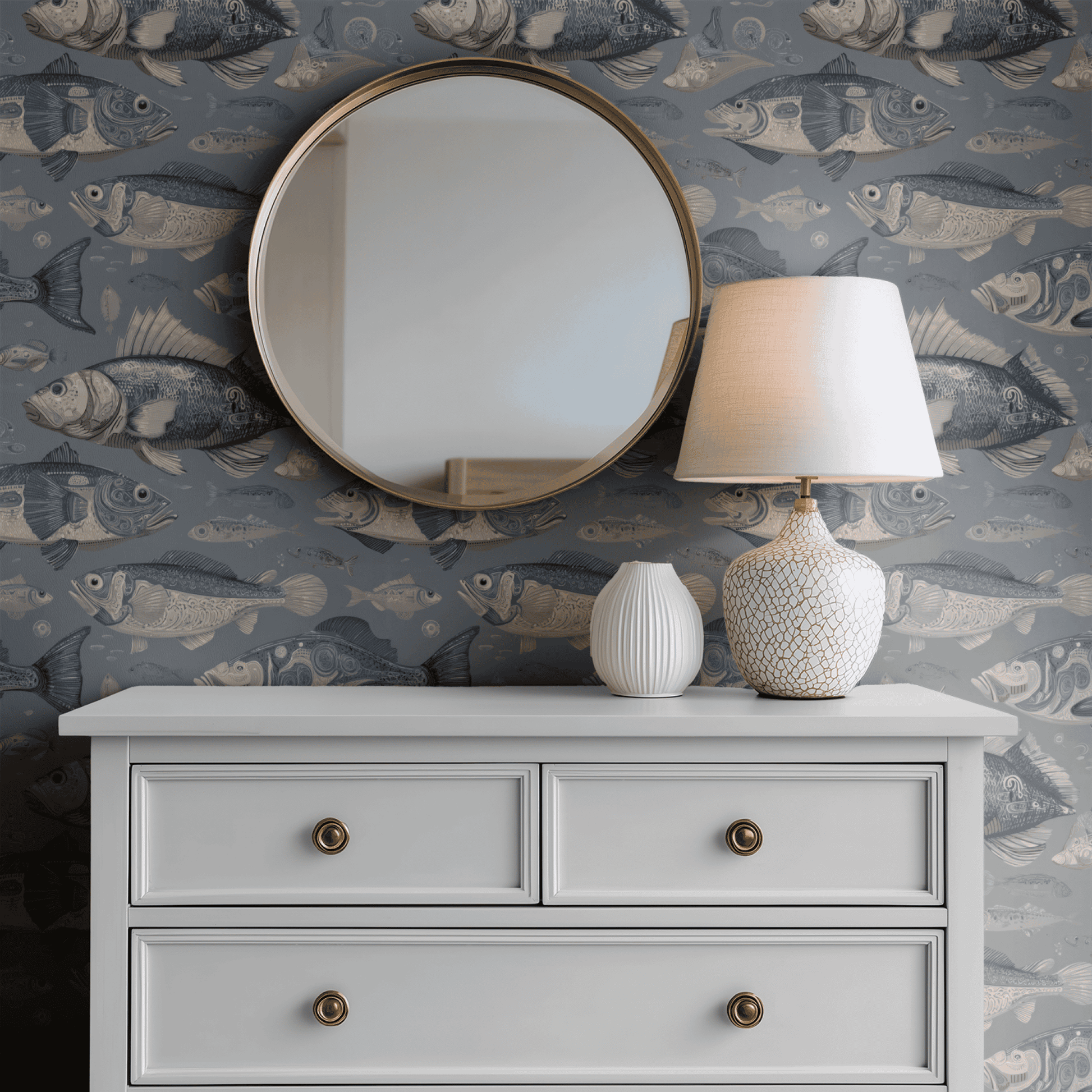 Blue Animal Print Wallpaper shown in a second interior with the naturalistic fish reading as serious decorative natural history