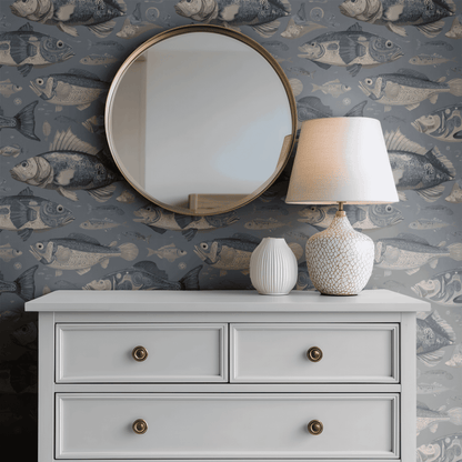 Blue Animal Print Wallpaper shown in a second interior with the naturalistic fish reading as serious decorative natural history