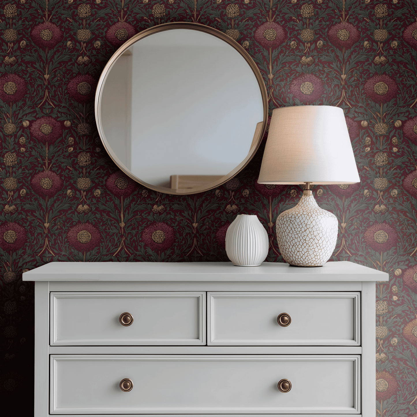 Red Floral Wallpaper shown in a second room with the maroon majolica reading as warmly Italianate traditional decoration