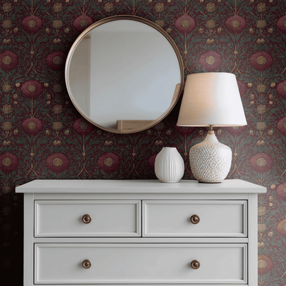 Red Floral Wallpaper shown in a second room with the maroon majolica reading as warmly Italianate traditional decoration