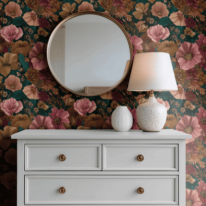 Green Floral Wallpaper shown in a second room with the garnet florals reading as warmly serious country-house decoration