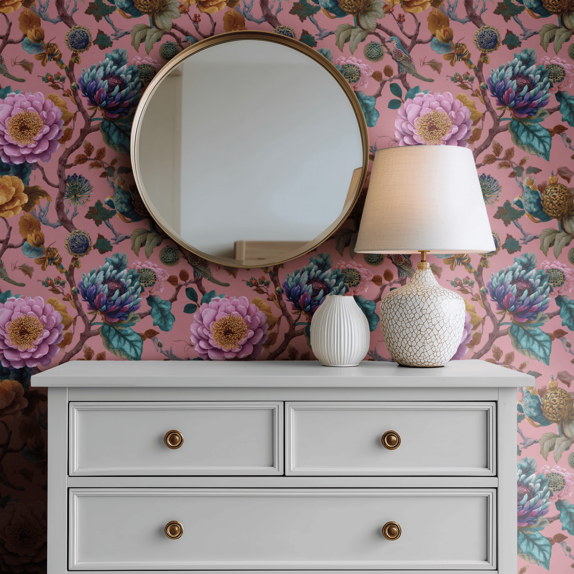 Pink Floral Wallpaper shown in a second room with the dark garden florals reading as feminine atmospheric Arts and Crafts decoration