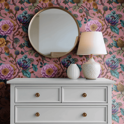 Pink Floral Wallpaper shown in a second room with the dark garden florals reading as feminine atmospheric Arts and Crafts decoration