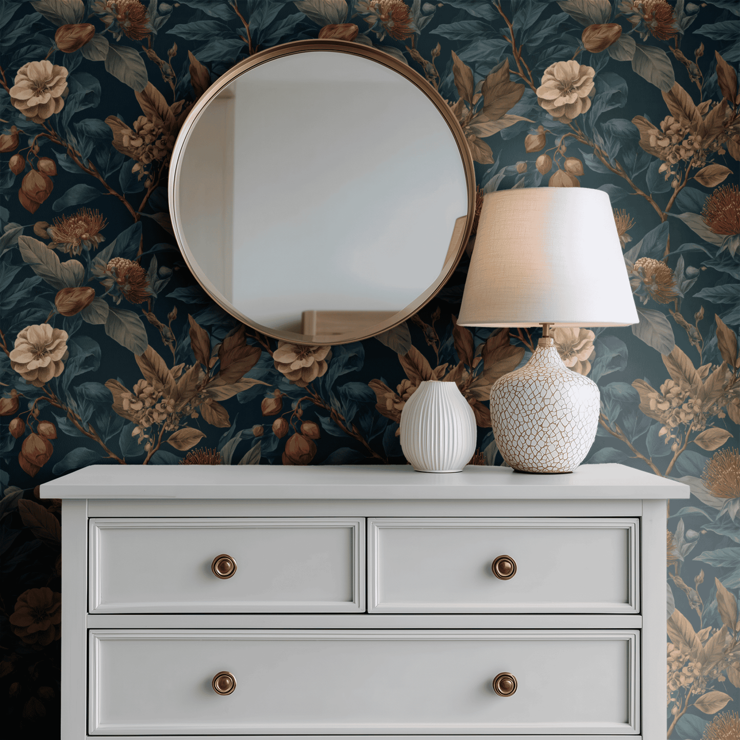Green Botanical Wallpaper shown in a second room with the deep indigo botanicals reading as atmospheric library-style decoration