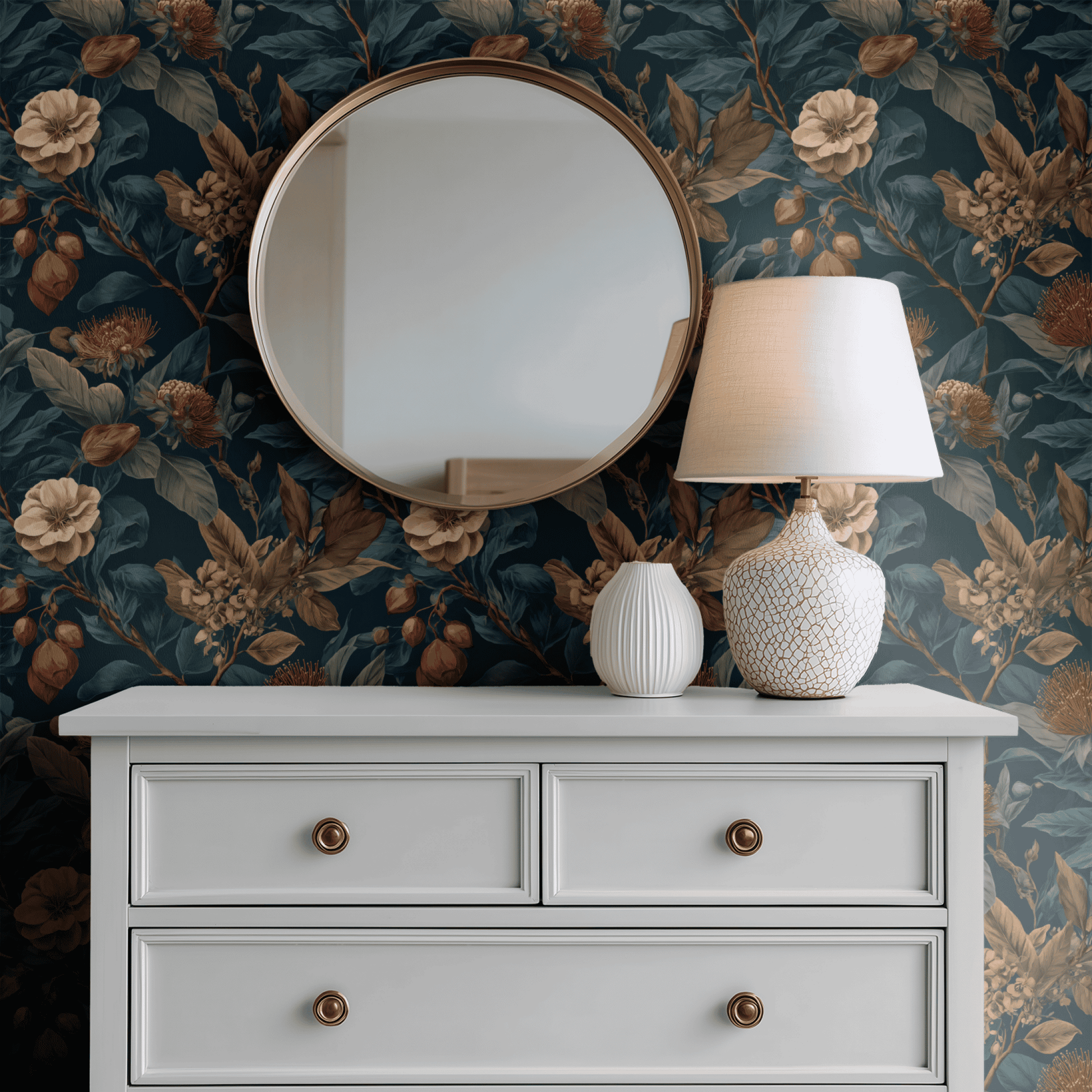 Green Botanical Wallpaper shown in a second room with the deep indigo botanicals reading as atmospheric library-style decoration