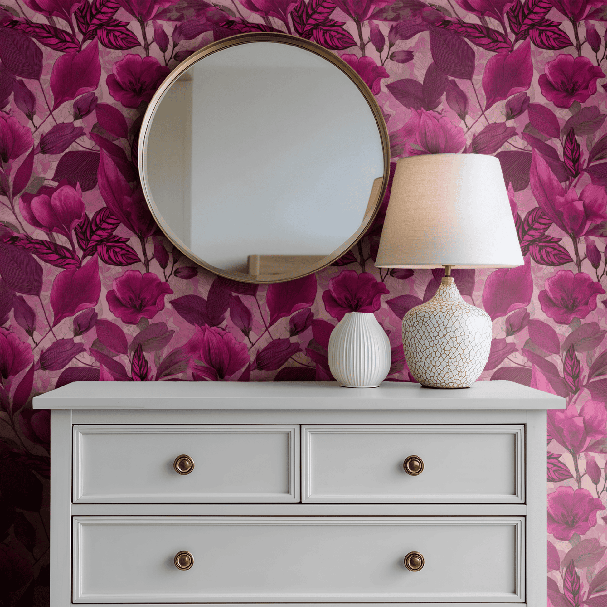 Pink Floral Wallpaper shown in a second room with the rosy foliage reading as gently feminine botanical decoration