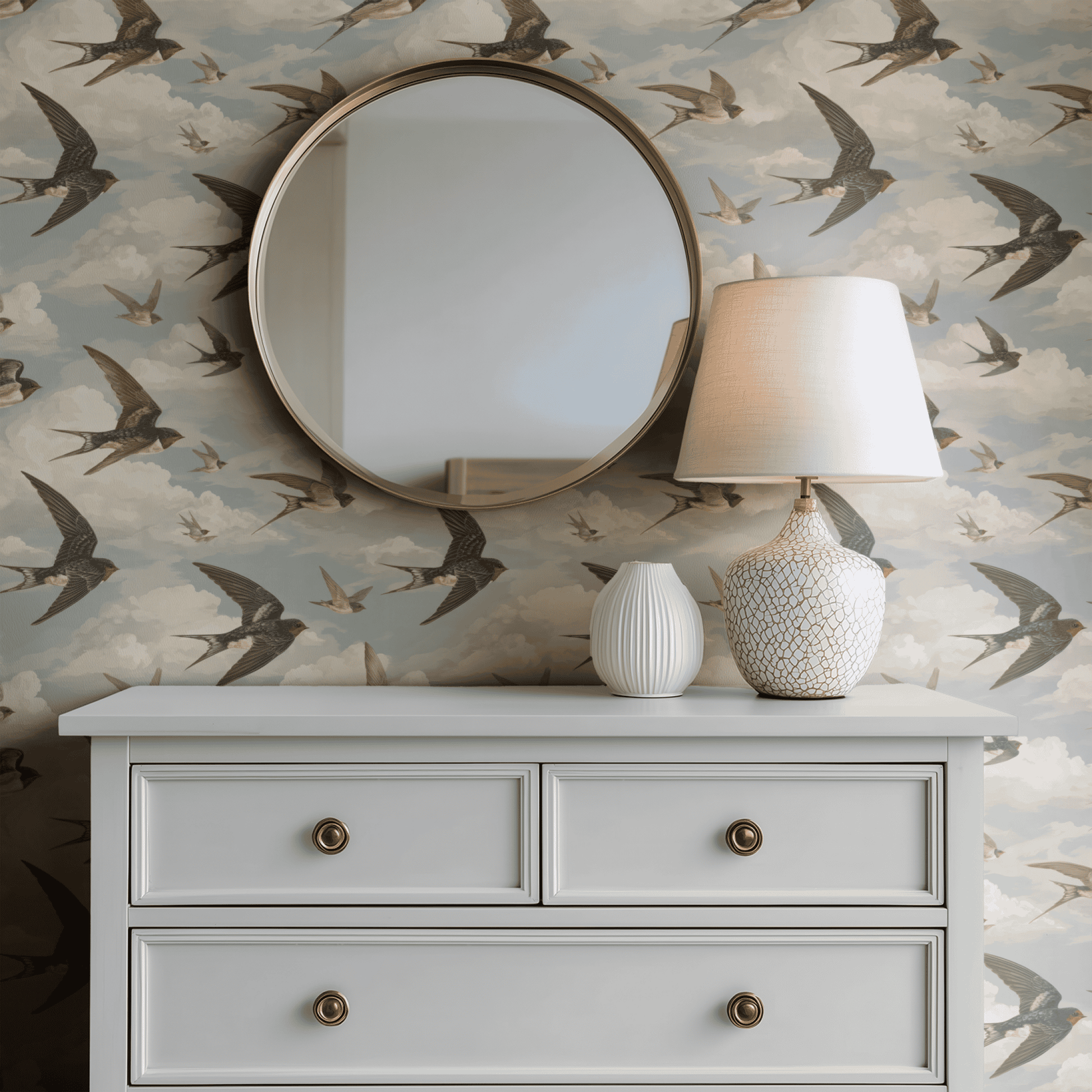 Blue Bird Pattern Wallpaper shown in a second room with the soaring swallows reading as evocatively scenic decoration