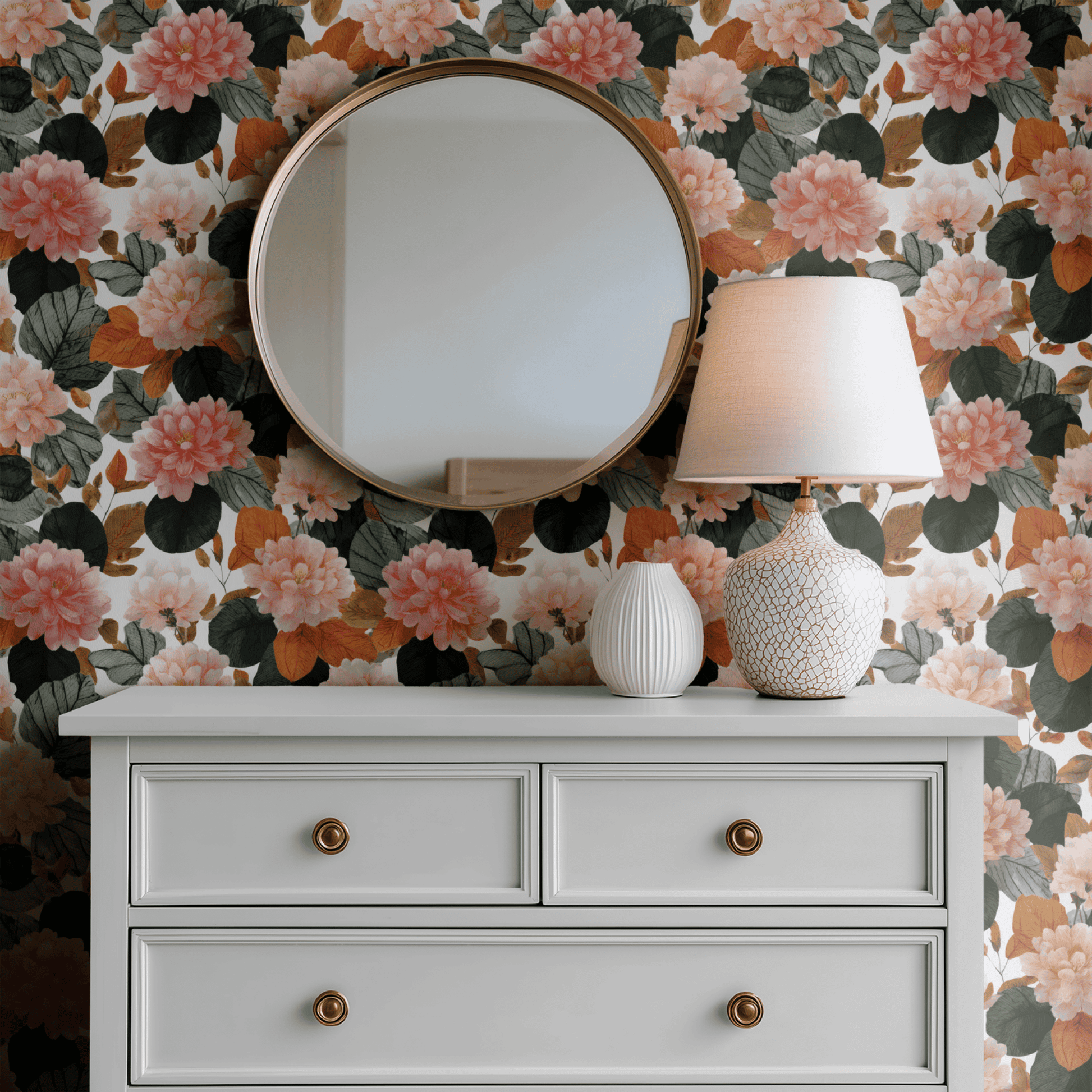 Cream Floral Wallpaper shown in a second interior with the copper dahlias reading as warmly traditional botanical decoration
