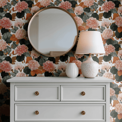 Cream Floral Wallpaper shown in a second interior with the copper dahlias reading as warmly traditional botanical decoration