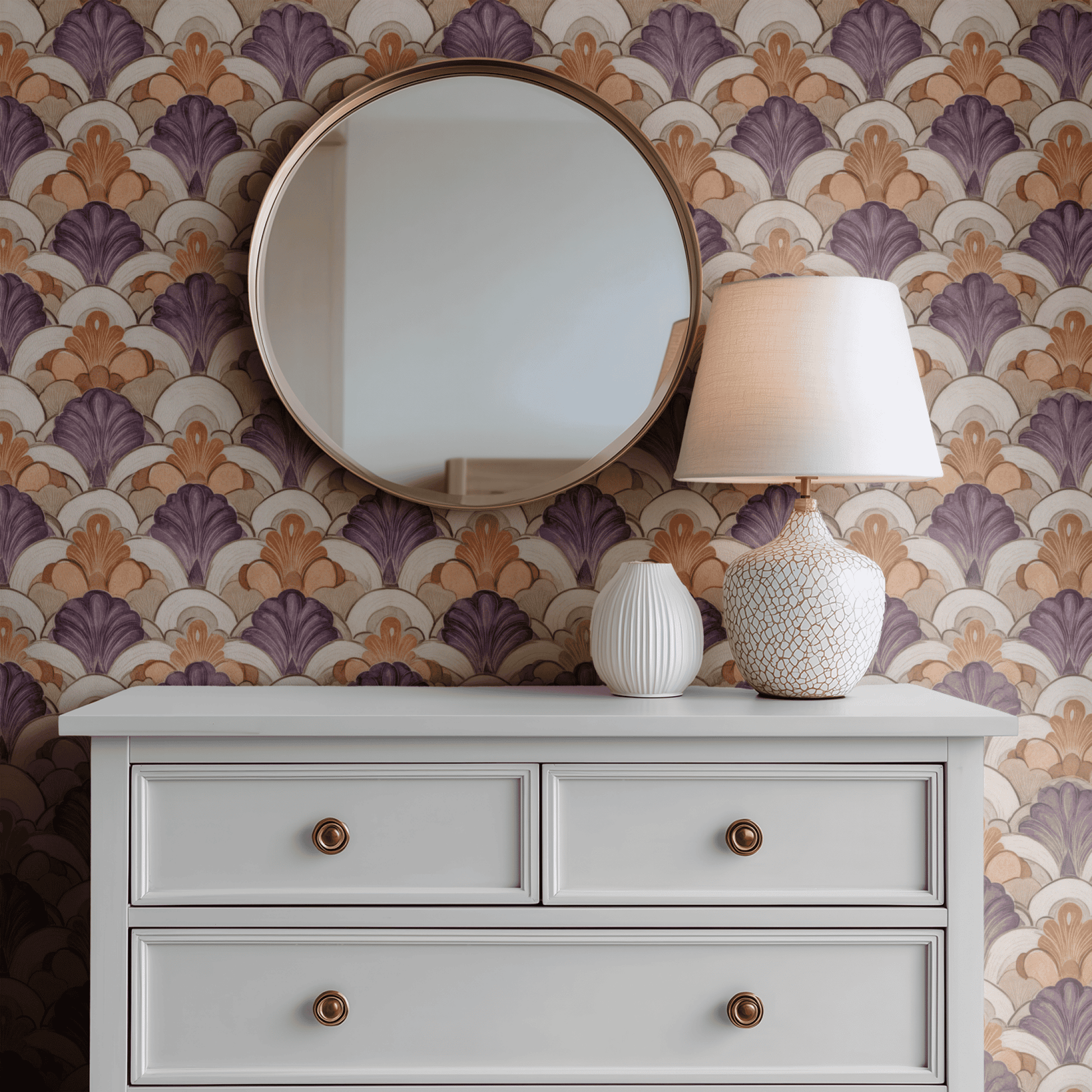Cream Abstract Wallpaper shown in a second room with the abstract Deco florals reading as a transitional Art Deco-influenced botanical