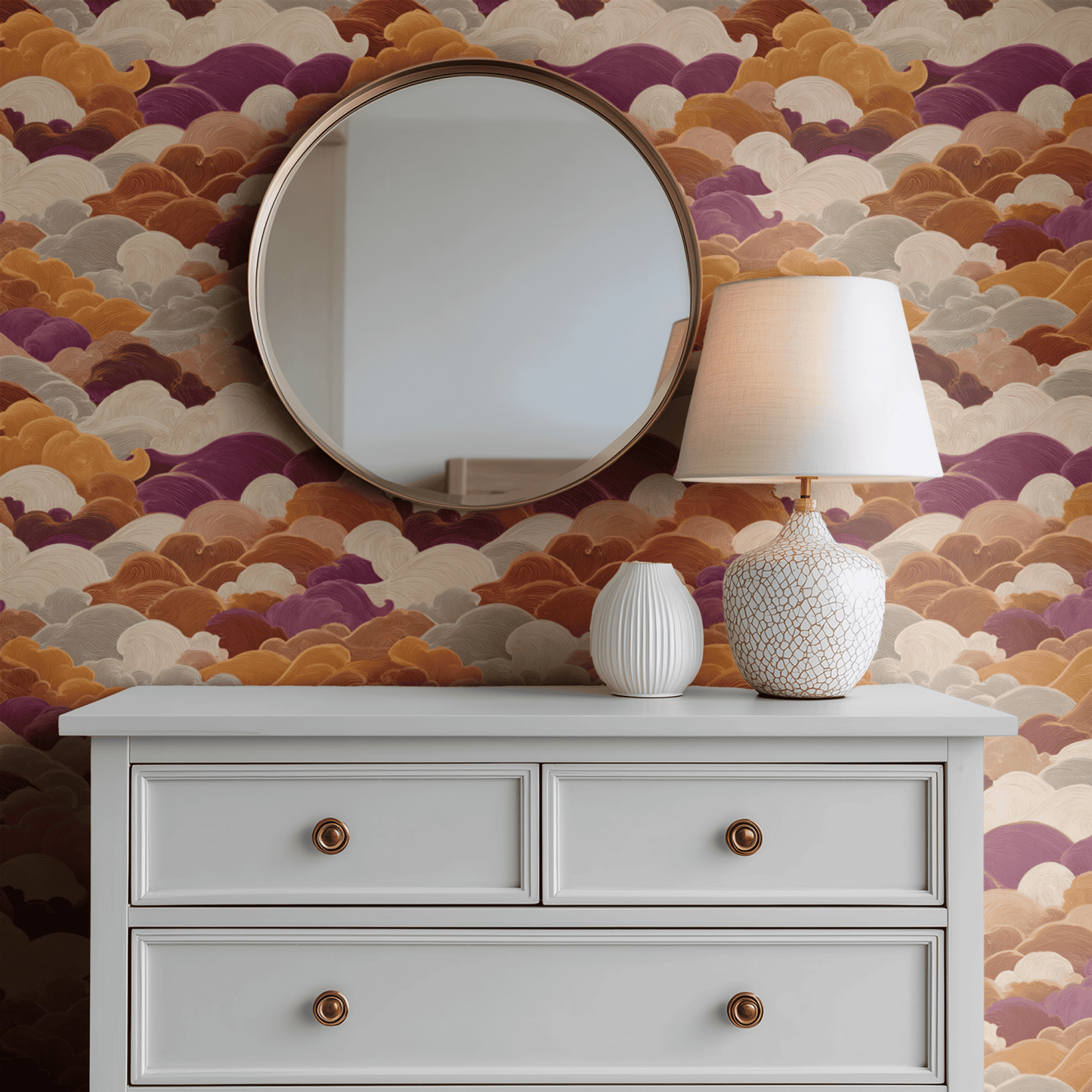 Multicolored Abstract Wallpaper shown in a second interior with the swirling sediment reading as atmospheric contemporary marbled decoration