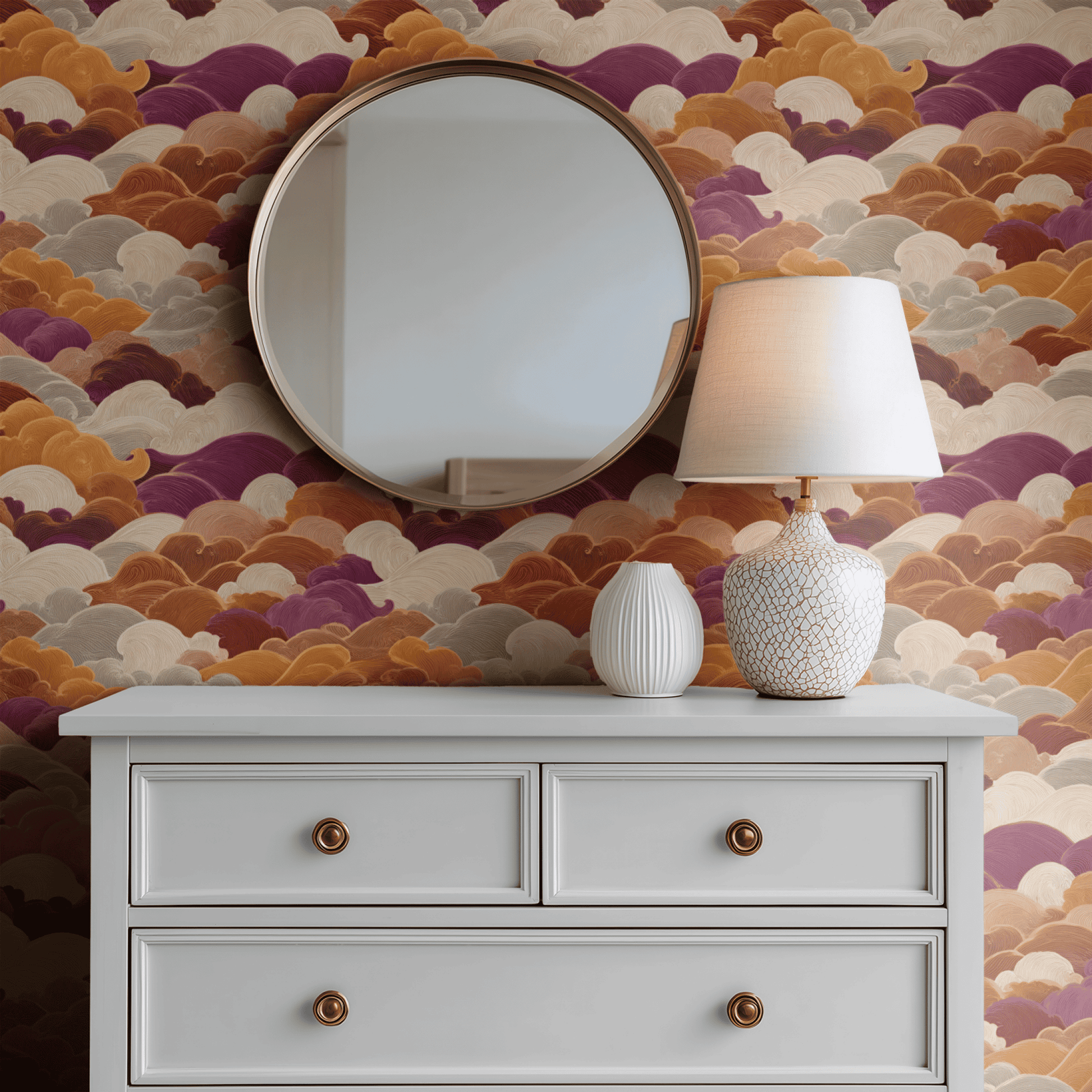 Multicolored Abstract Wallpaper shown in a second interior with the swirling sediment reading as atmospheric contemporary marbled decoration