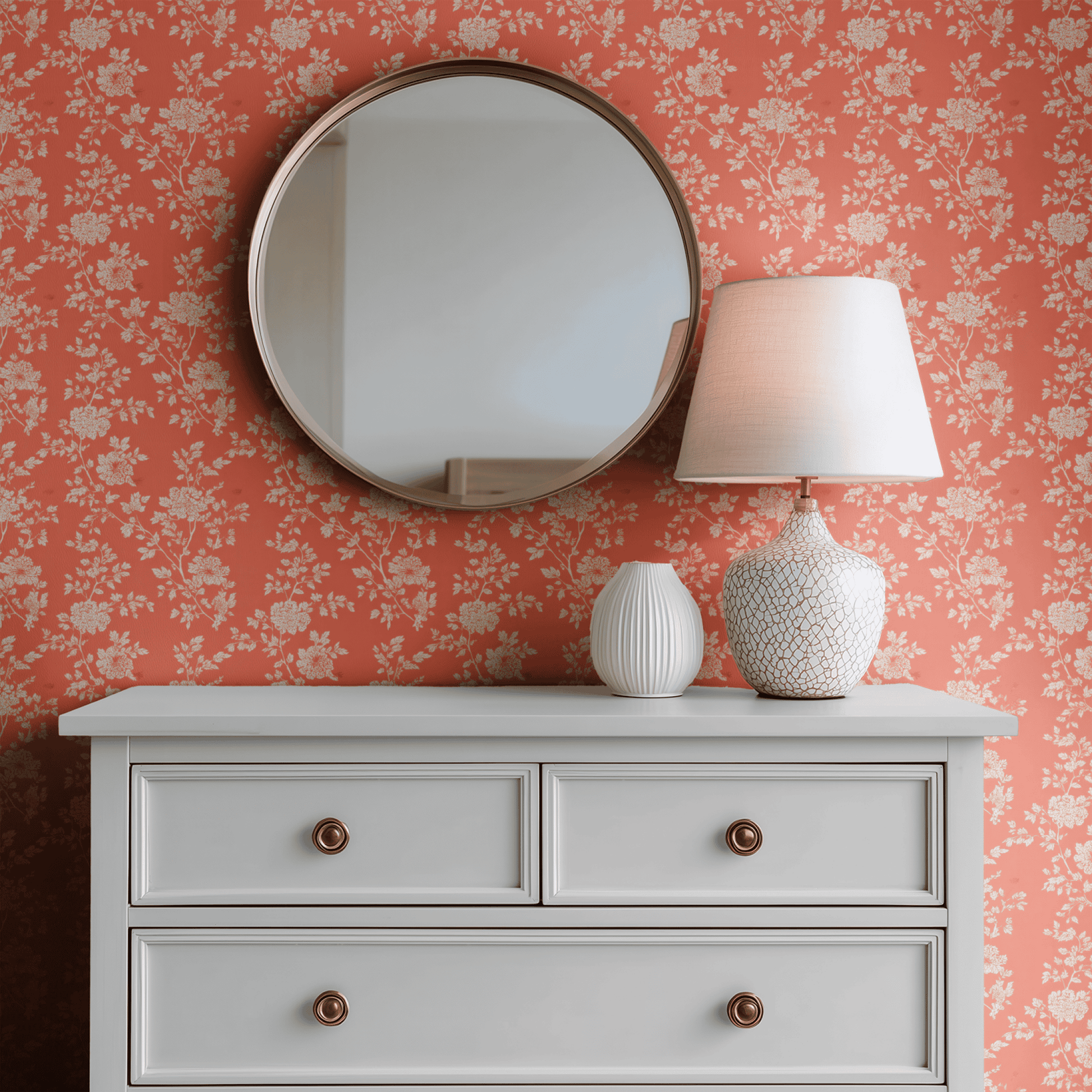 Orange Floral Wallpaper shown in a second room context, the apricot palette giving the chinoiserie florals an unusually warm decorative register