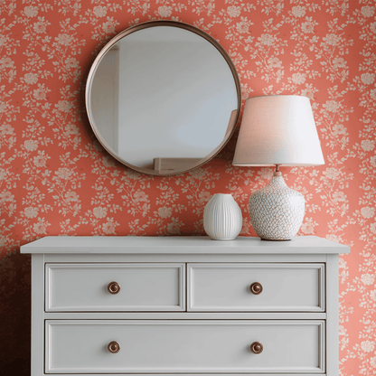 Orange Floral Wallpaper shown in a second room context, the apricot palette giving the chinoiserie florals an unusually warm decorative register