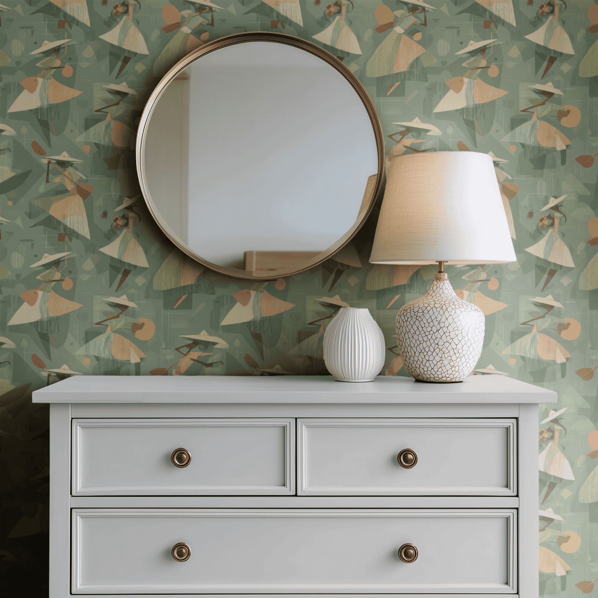 Green Abstract Wallpaper shown in a second interior with the Mid-Century paddle shapes reading as period-specific 1950s decoration