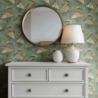 Green Abstract Wallpaper shown in a second interior with the Mid-Century paddle shapes reading as period-specific 1950s decoration