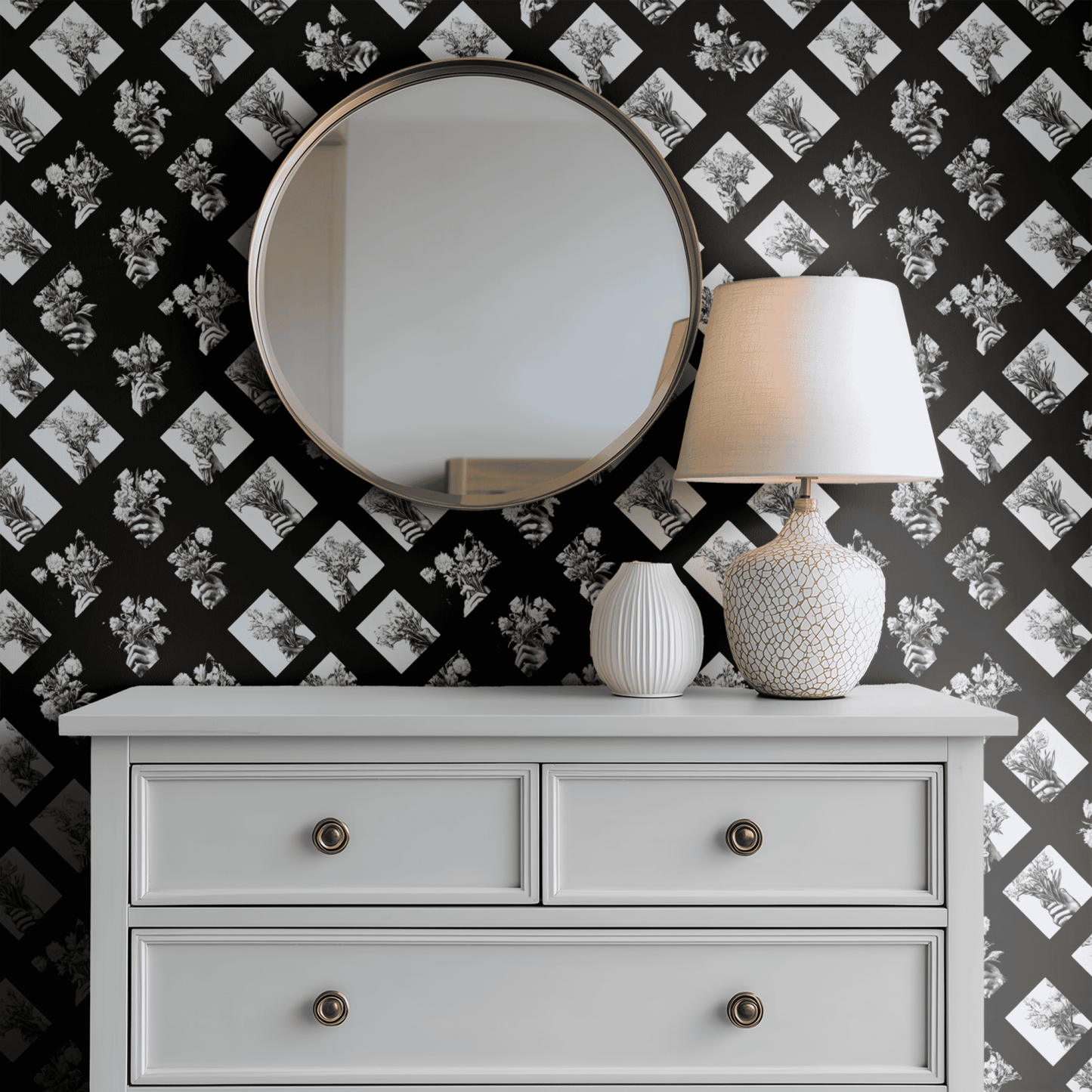 Gothic Bouquet wallpaper with bold black-and-white moody floral and geometric bouquet pattern, shown installed in a second interior for room context