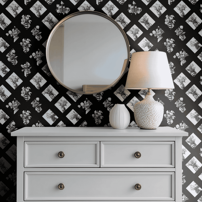 Gothic Bouquet wallpaper with bold black-and-white moody floral and geometric bouquet pattern, shown installed in a second interior for room context