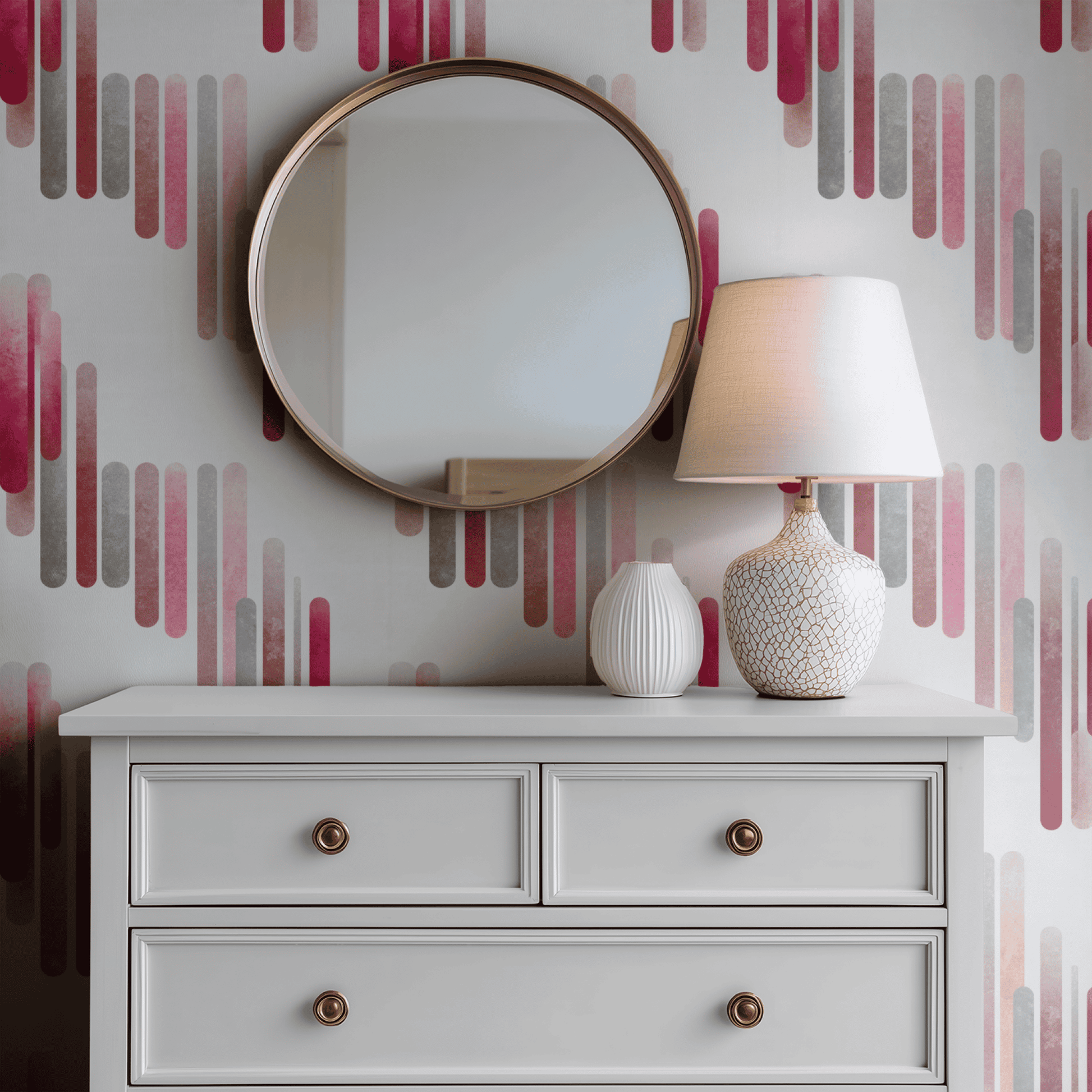 Pink Geometric Wallpaper shown in a second interior with the capsule pattern reading as softly modernist geometric decoration