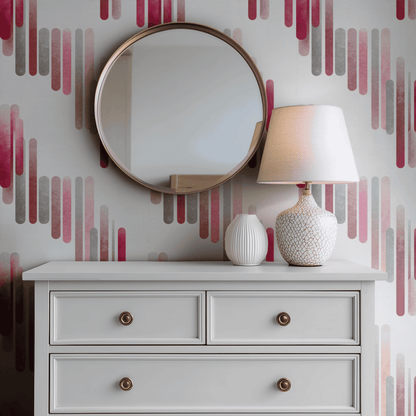 Pink Geometric Wallpaper shown in a second interior with the capsule pattern reading as softly modernist geometric decoration