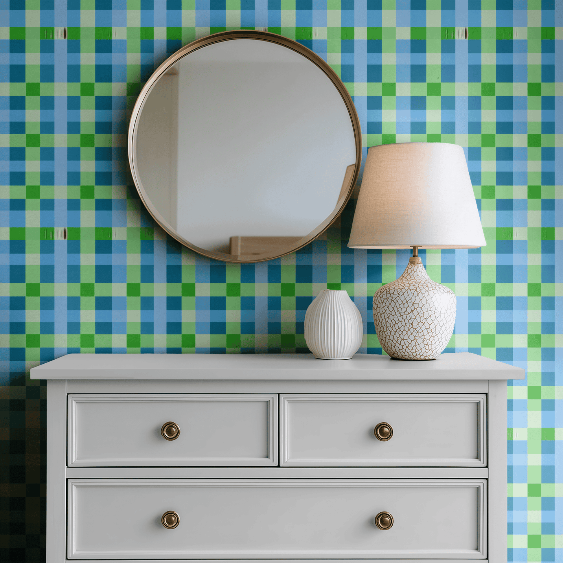 Multicolored Geometric Wallpaper shown in a second room with the teal patchwork reading as warmly handcrafted geometric decoration
