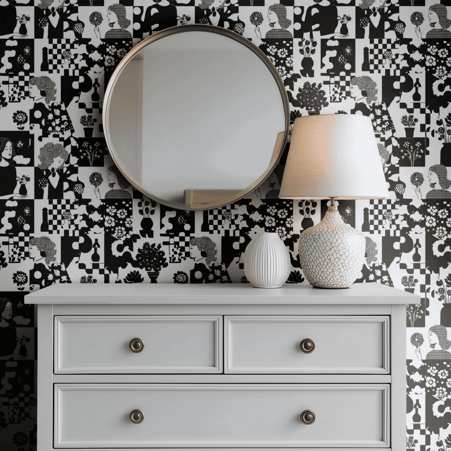 White Abstract Wallpaper shown in a second room with the abstract monochrome reading as graphic contemporary decoration
