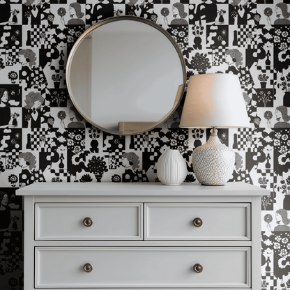 White Abstract Wallpaper shown in a second room with the abstract monochrome reading as graphic contemporary decoration