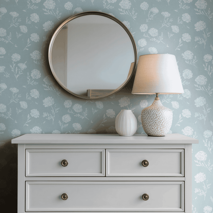 Green Floral Wallpaper installed in a room interior with cottagecore powderpuff posies in soft green