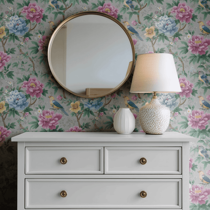 Grey Floral Wallpaper shown in a second room with the painted peonies and birds reading as gracefully traditional decoration